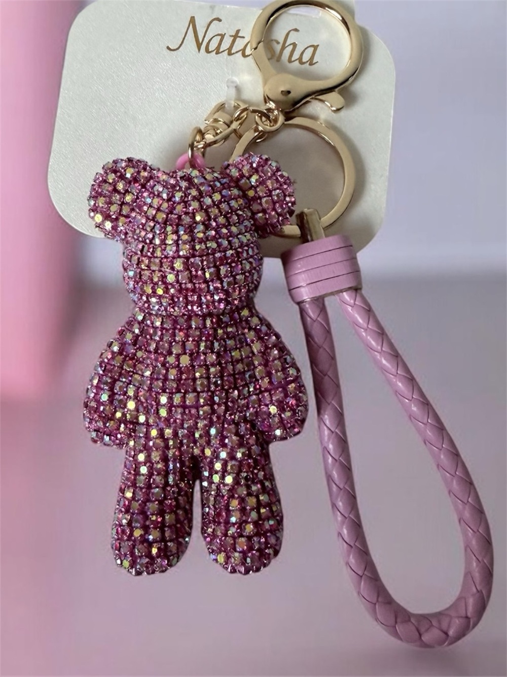 Natasha Couture Pink Crystal Teddy Keyring with Braided Loop handbag charm